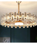 Luxurious Crystal Chandelier Ceiling Fan Light With Silent Quiet Blades And A Slick Remote Control hanging from the ceiling with glass panels.