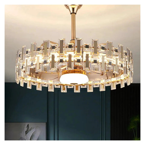 Top Shelf Black Crystal Ceiling Fan Light With Easy Press Remote Hush Glide DC Motor sleek chandelier view from below in modern setting.