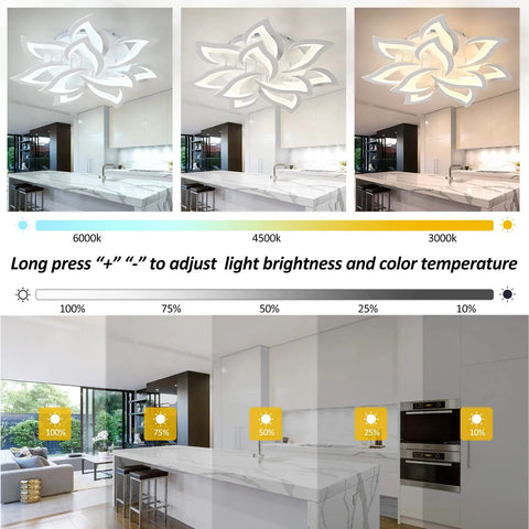 Modern 10 Head Dimmable LED Ceiling Light With Remote Control, Metal And Acrylic Petal Design, 3 Color Changing Modes
