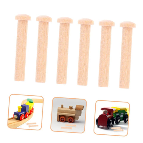 20 Piece Miniature Solid Wood Nails For Crafting And Woodworking T Shaped Round Pegs Perfect For Train Wheel Projects And Tiny Pin Nail Work Great For DIY Projects Model Making And Small Woodworking Jobs shown with model train wheels and pegs.