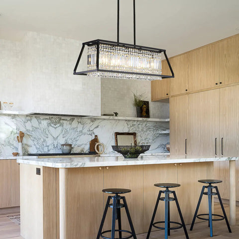 Lit Black Crystal Chandelier Pendant Light For Dining Room And Kitchen Island, 5-Light Rectangular Fixture over kitchen island