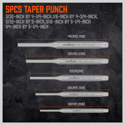 HORUSDY 16-piece punch and chisel set; chrome steel tools with size markings (front view).
