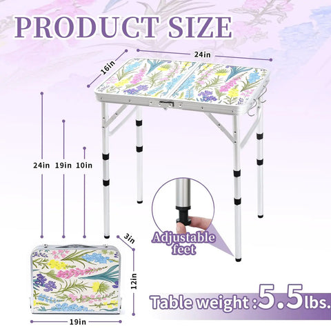 Foldable Camping Table 24 By 16 Inch Surface With Adjustable Heights 10 19 And 24 Inches Lightweight Aluminum Table With Carry Handle Floral Style