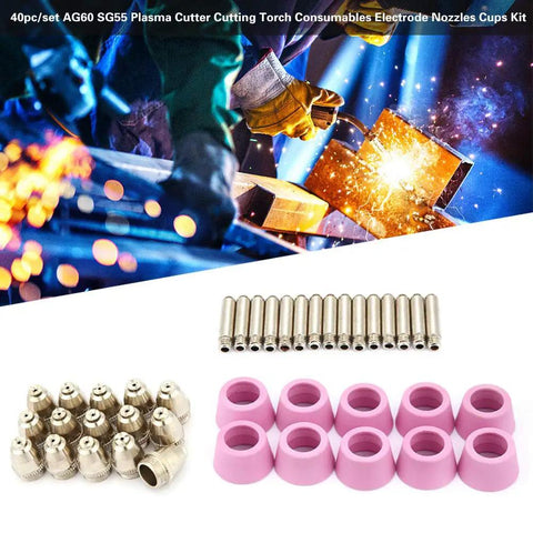 Top Grade 40 Piece Plasma Cutter Consumables Set With Ceramic Cups, Electrodes And Nozzles For Cut60 Lgk60 60 Amp Machines. Includes 14 nozzles and 10 ceramic cups.
