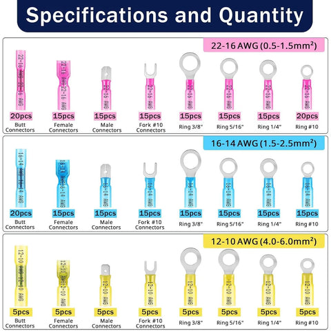 Specifications of No Sweat Heavy Duty Heat Shrink Wire Connector Assortment Kit showing various terminal types and quantities.