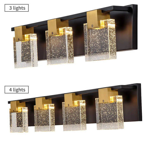 Black And Bronze Vanity Light Fixture With Square Bubble Crystal Panel LED Wall Sconce 4 Lights Rad Warm White 3000K