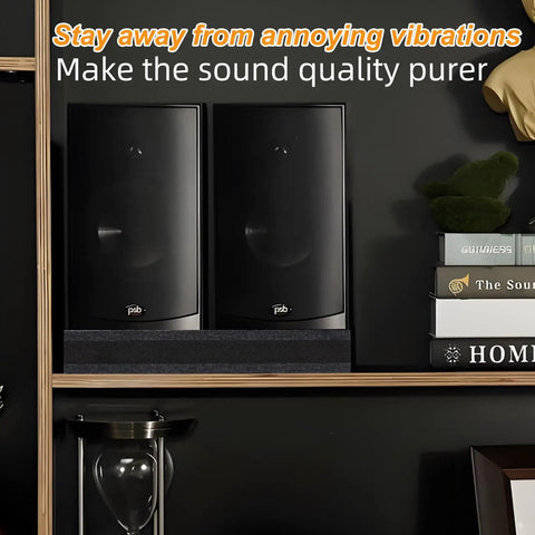 Image of two black studio monitors on Three Layer Studio Monitor Isolation Pads With Foam Riser For 5 To 8 Inch Speakers And Subwoofers Vibration Dampening Platform For Cleaner Audio Tighter Bass Desk Vibe Reduction Ideal Home Studio Setup.