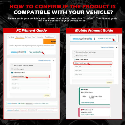 PC and mobile fitment guides showing how to confirm vehicle compatibility for Badass Engine Water Pump With Seal Gasket.