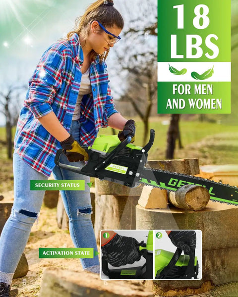 Person using Gas Powered Chainsaw For Farm And Ranch Use, Heavy Duty Wood Cutting Beast With 58cc 3.6 HP Pro Power And NiCom Plated Cylinders
