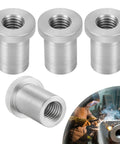 Heavy Duty Weld On Nuts One Half Inch Thirteen Threaded Female Stepped Bung Hardware For Auto Chassis Mounting Built Tough Garage Rig Ready Hella Reliable Solid Steel Four Piece Set, close-up view of four nuts.