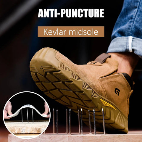 Brown mid cut welding work boots for men with kevlar midsole on nails, demonstrating anti-puncture feature, ASTM certified.