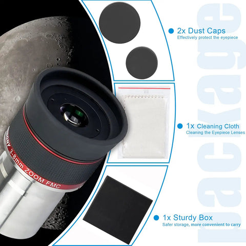 3Mm To 8Mm Zoom Eyepiece For 1.25 Inch Telescopes, Parfocal Design shown with accessories including dust caps and cleaning cloth.