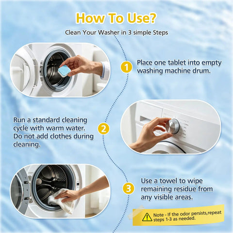 How To Use Skip The Hassle Washing Machine Cleaner Tablets For He Front And Top Load Washers in three steps.