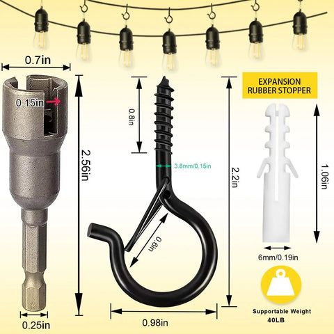 Heavy Duty Outdoor String Light Hooks 52 Pack Q Hanger Ceiling Hooks With Safety Buckle Black for hanging lights and plants.