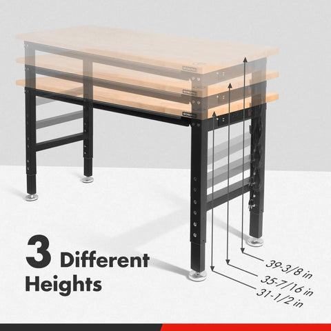 48 Inch Adjustable Workbench With Rubber Wood Top, Beefy Steel Frame, 2000 Lb Load Capacity, Built In Power Outlets, height options shown