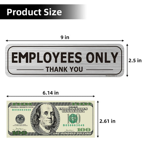 Two Pack Employees Only Sign Stickers 9 By 2 And A Half Inches With Back Adhesive Metal Like Brushed Silver Finish Waterproof Fade Resistant Vinyl For Doors Walls Offices Stores Restrooms Keeps Unwanted Folks Out, shown with size comparison to a dollar bill