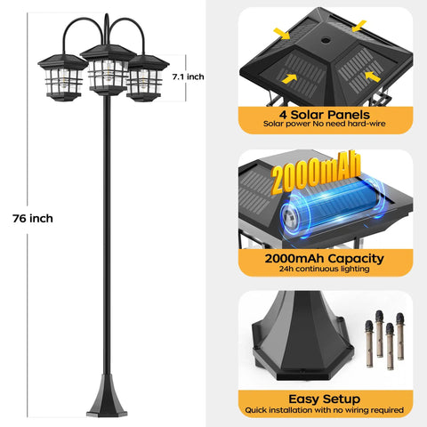 76 Inch Black Solar Lamp Post Light With Three Heads, Waterproof Outdoor Street Lamp for Backyard Garden Driveway and Lawn.