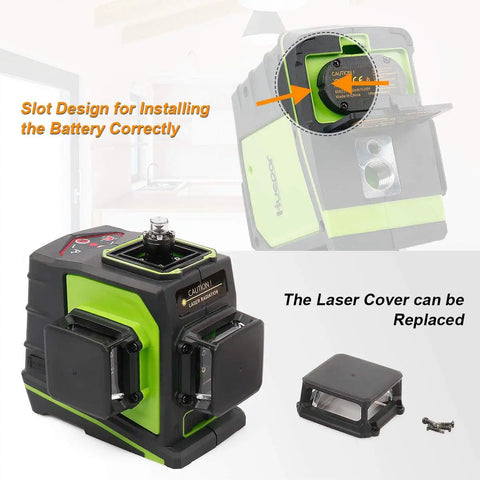 3D Self Leveling Laser Level With Three 360 Degree Laser Planes showing battery slot and replaceable laser cover