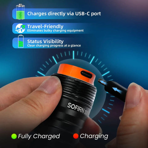 SD08 Dive Light 3200lm Bright Scuba Flashlight With IPX8 Waterproof Seal being charged via USB-C port in hand