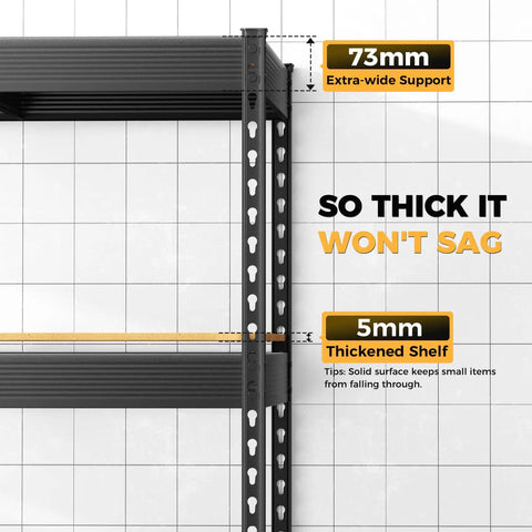 Beefy 4000 Lbs Five Tier Metal Garage Shelving Unit With 72 Inch High, 48 Inch Wide, 24 Inch Deep, Matte Black Powder Coat Finish, Heavy Duty Steel Storage Rack Built To Last In Tough Garage, 73mm support, 5mm shelf