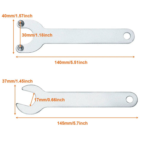 Image of two spanners from the 14 Piece Angle Grinder Flange Nuts Set 5/8-11 For 4-1/2 Inch Grinders, with measurements shown.