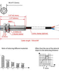 Diagram of M8 Proximity Sensor Switch 5V DC 200mA NPN Normally Open, showing dimensions, cable length, and material detection ratios.
