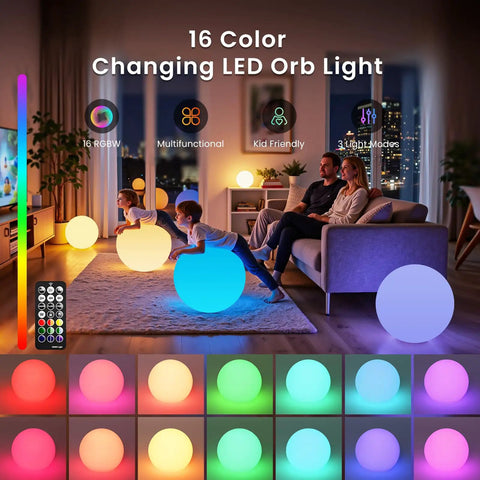Family relaxing with Huge 16 Inch RGB Night Light Ball With Remote Control Color Changing Waterproof Glow in living room.