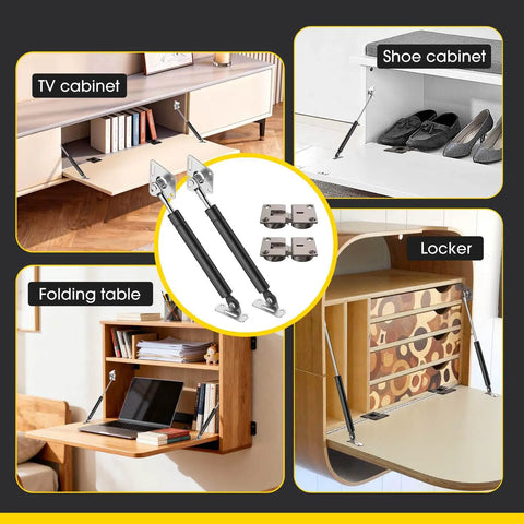 Heavy Duty Drop Down Gas Struts With 90 Degree Paging Axis Flush Gas Spring Hinge For Fold Up Cabinets in use on various furniture.