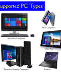 Image showing supported PC types including all-in-one computers, mini computers, tablet PCs, traditional personal computers, and laptops.
