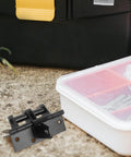 Black Four Inch Self Closing Door Hinge With 90 Degree Right Angle Dead Stop Bracket For Bulletproof Heavy Duty Cabinet and Smooth Quick Garage Install Project next to toolbox