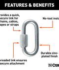 Features of Threaded Quick Link Trailer Safety Chain Hook Carabiner Clip For Secure Hitch Attachments Three Eighths Inch Diameter