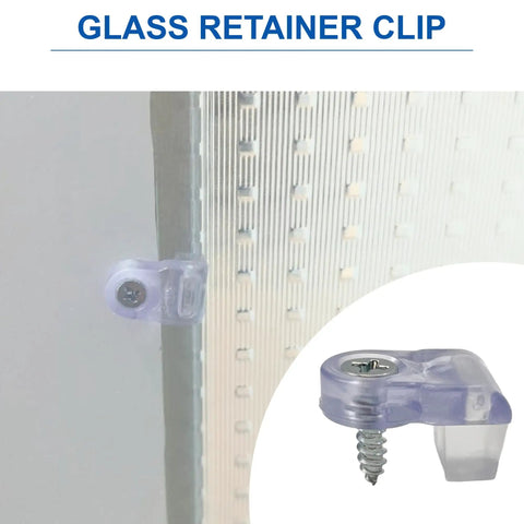 Close-up of Premium Glass Panel Retainer Clip for Curio China Kitchen Cabinets, showing durable plastic and pre-installed screw.
