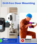 Anti Theft Video Doorbell Mount With No Drill Installation, adjustable bracket shown on door compared to drilling installation