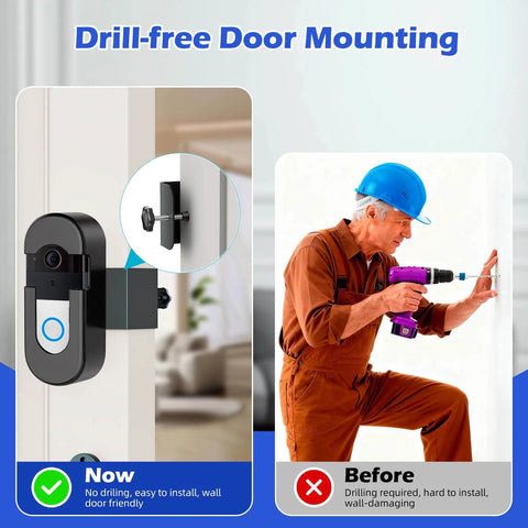 Anti Theft Video Doorbell Mount With No Drill Installation, adjustable bracket shown on door compared to drilling installation