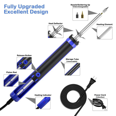 All In One Desoldering Iron And Solder Sucker Tool For PCB Repair With 1.0mm And 1.2mm Nozzles, design diagram with labels