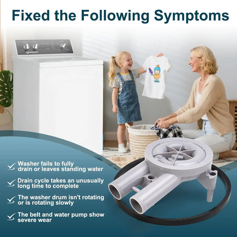 Upgraded RB150003 Washer Drain Pump And Belt Kit with washing machine and family laundry scene
