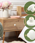 30 Pack White Ceramic Cabinet Knobs Glossy Mushroom Style Drawer Pulls for Kitchen shown on a wooden bedside table