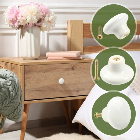 30 Pack White Ceramic Cabinet Knobs Glossy Mushroom Style Drawer Pulls for Kitchen shown on a wooden bedside table