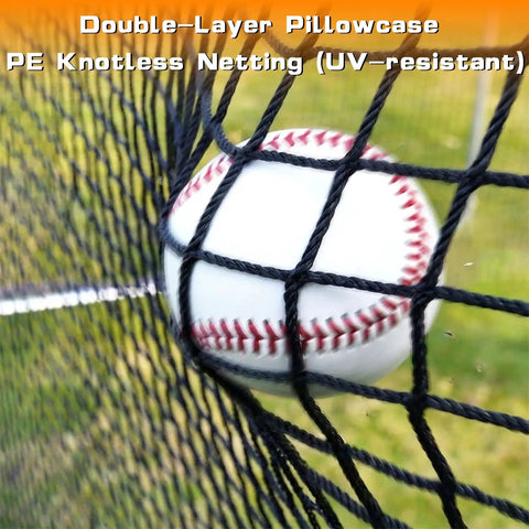 L Screen Baseball Pitching Net 7 By 7 Feet Portable for Backyard Batting Cage Practice with baseball in netting
