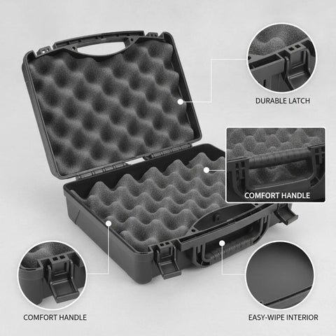 Open Grab And Go Portable Plastic Tool Box With Locking Latches showing foam interior and comfort handle