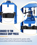 12 Ton Hydraulic Shop Press With Adjustable H Frame And Movable Plates 26000 Lbs Capacity Safety Relief Valve, blue steel frame