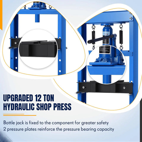 12 Ton Hydraulic Shop Press With Adjustable H Frame And Movable Plates 26000 Lbs Capacity Safety Relief Valve, blue steel frame