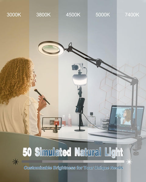 Magnifying Glass Desk Lamp With Three Section Swing Arm And Big Clamp 10X Wide Desk Magnifier in office setting, adjustable LED light