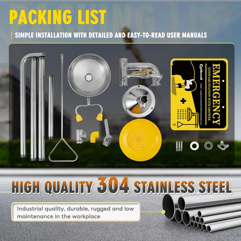 Shop Floor Tested Emergency Shower And Eye Wash Combo OSHA Approved ANSI Standard 304 Stainless Steel Wall Mount With Bold Caution Decal Top Shelf Safety Gear Built For Industrial Workplaces And Retail Shops