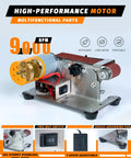 Hella Versatile Compact Mini Belt Sander For Electric Knife Sharpening And Woodworking with 9000 RPM motor and stainless steel body.