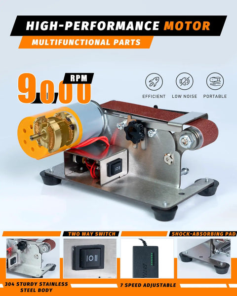 Hella Versatile Compact Mini Belt Sander For Electric Knife Sharpening And Woodworking with 9000 RPM motor and stainless steel body.