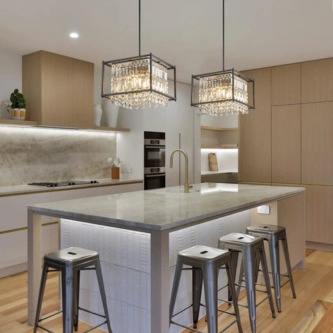 Kitchen island with Dope Modern Black Crystal Foyer Pendant Chandelier With Square Metal Frame Adjustable Height Entryway Light Fixture For Dining Rooms And Kitchen Islands 15.74 In By 9.84 In