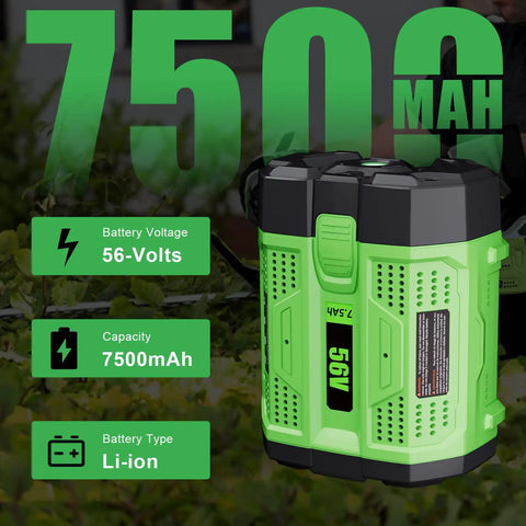 7500mAh 56-Volts Li-ion battery with green and black casing, displayed with battery specs icons.