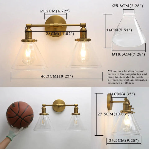 Industrial Dope Double Sconce Wall Light With Dual Seven Point Three Inch Cone Clear Glass Shades Brushed Metal Finish E26 Socket
