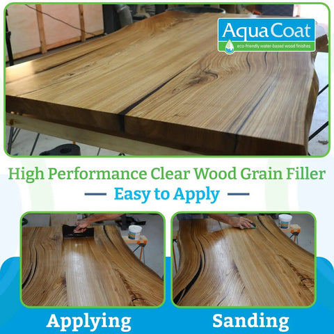 Hella Smooth Water Based Wood Grain Filler Gel with Easy Sanding and Rapid Dry Time used on a wood surface for sealing pores.